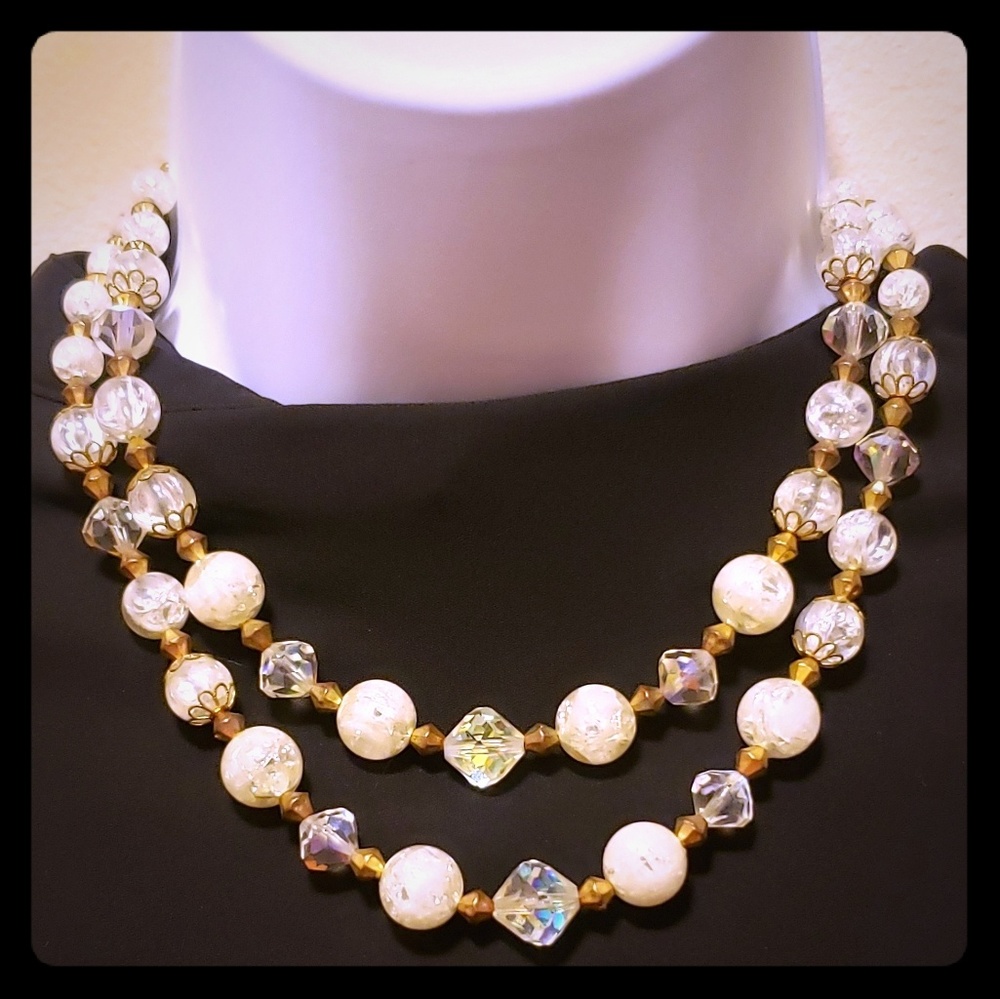 Women's double ceramic and glass bead necklace